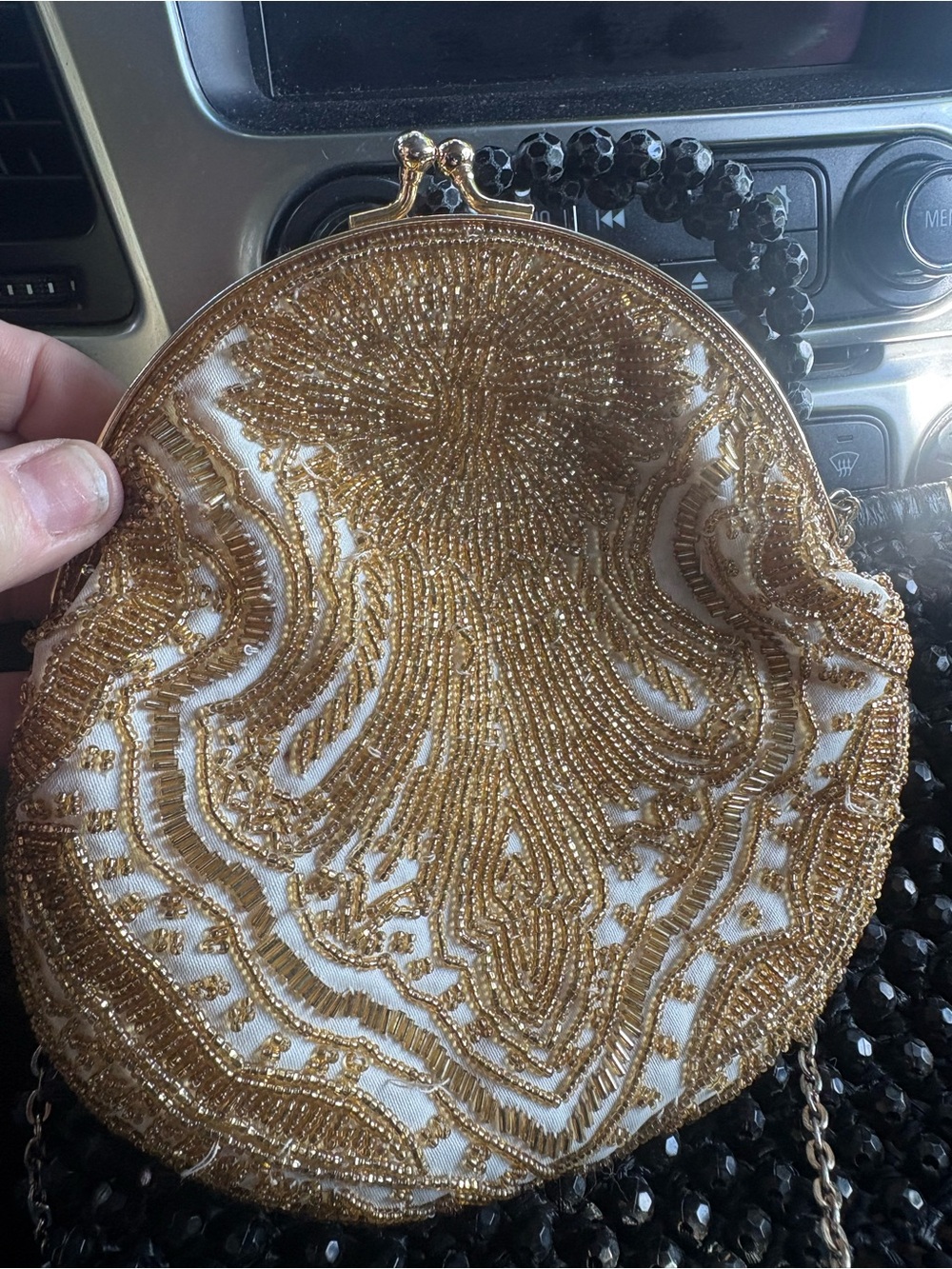 Gold Beaded Evening Clutch Handbag kiss lock